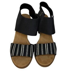 Toms Majorca Cutout Black White Global Woven Block Heel Sandals Size 9